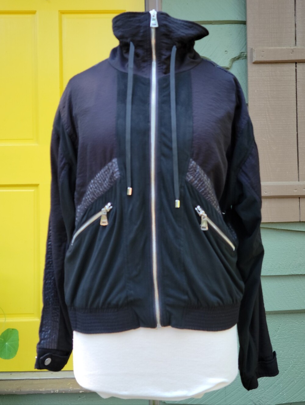 Vintage DKNY Black Crinkle Nylon Mixed Media Utility Jacket 90s